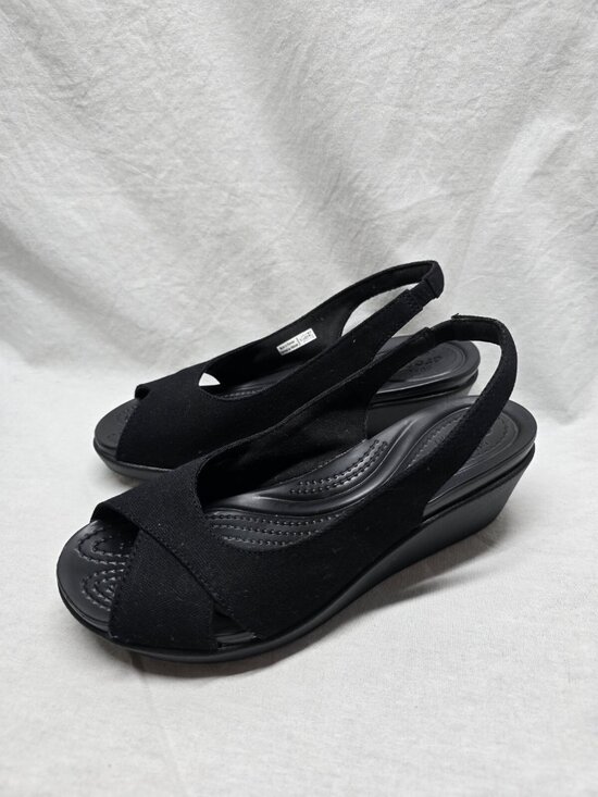 Crocs Shoes - Crocs Leigh Ann Canvas Sandals Women's 6 Black Slingback Peep Toe Wedge 204948